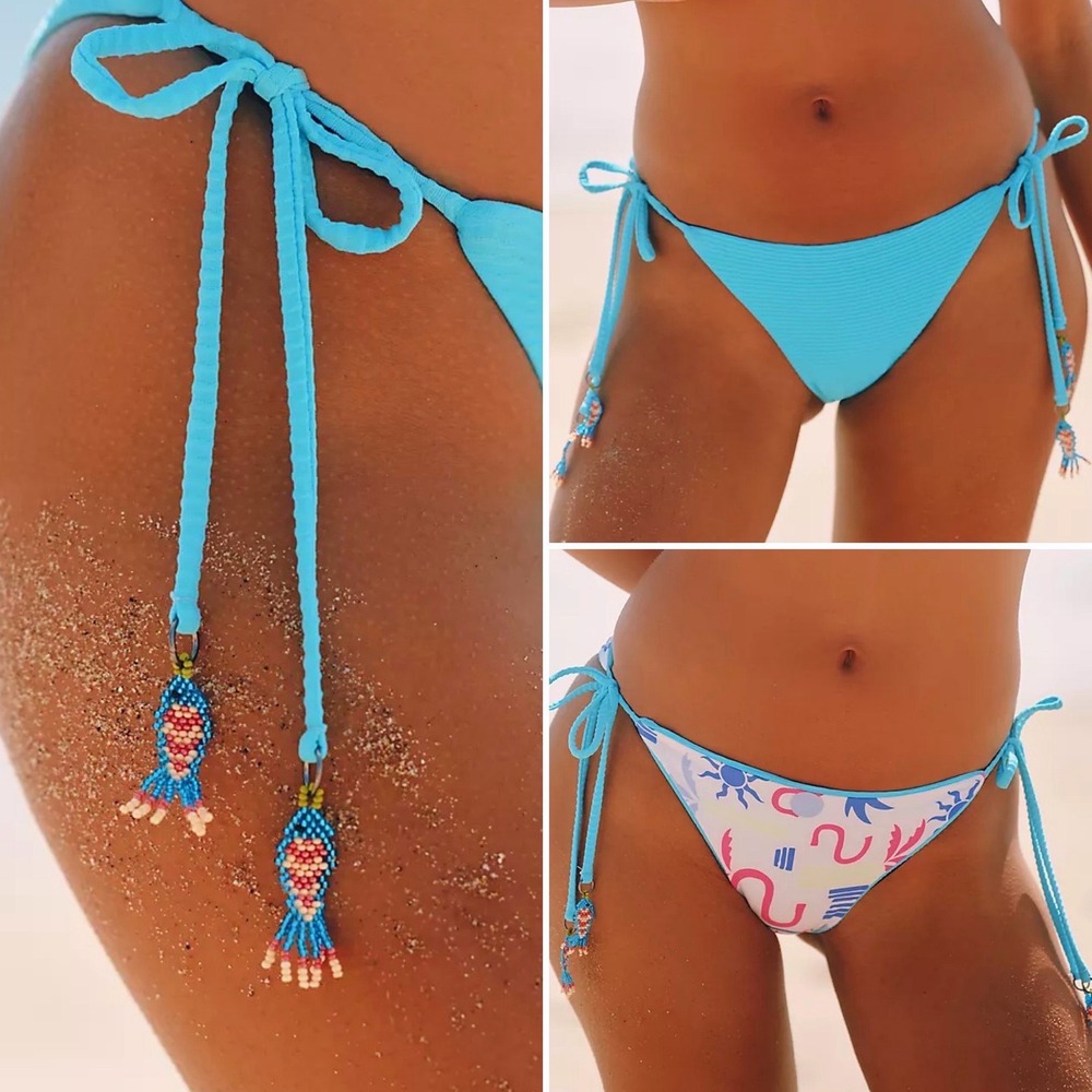 Maaji x Anthropologie Bikini Bottoms NWT XL Blue Reversible Side Tie Beaded Fish